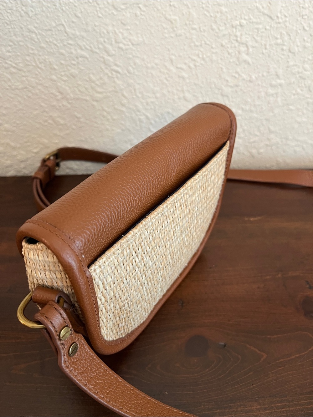 Woven Straw Saddle Crossbody Bag with Brown Leather Trim - Picture 5 of 10